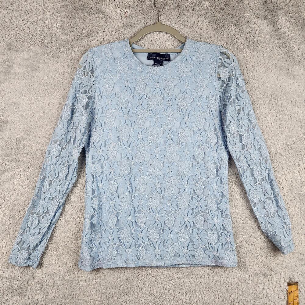 Vintage Susan Graver Blouse Womens Small Blue Lace Floral Sheer Lined Top Fariy
